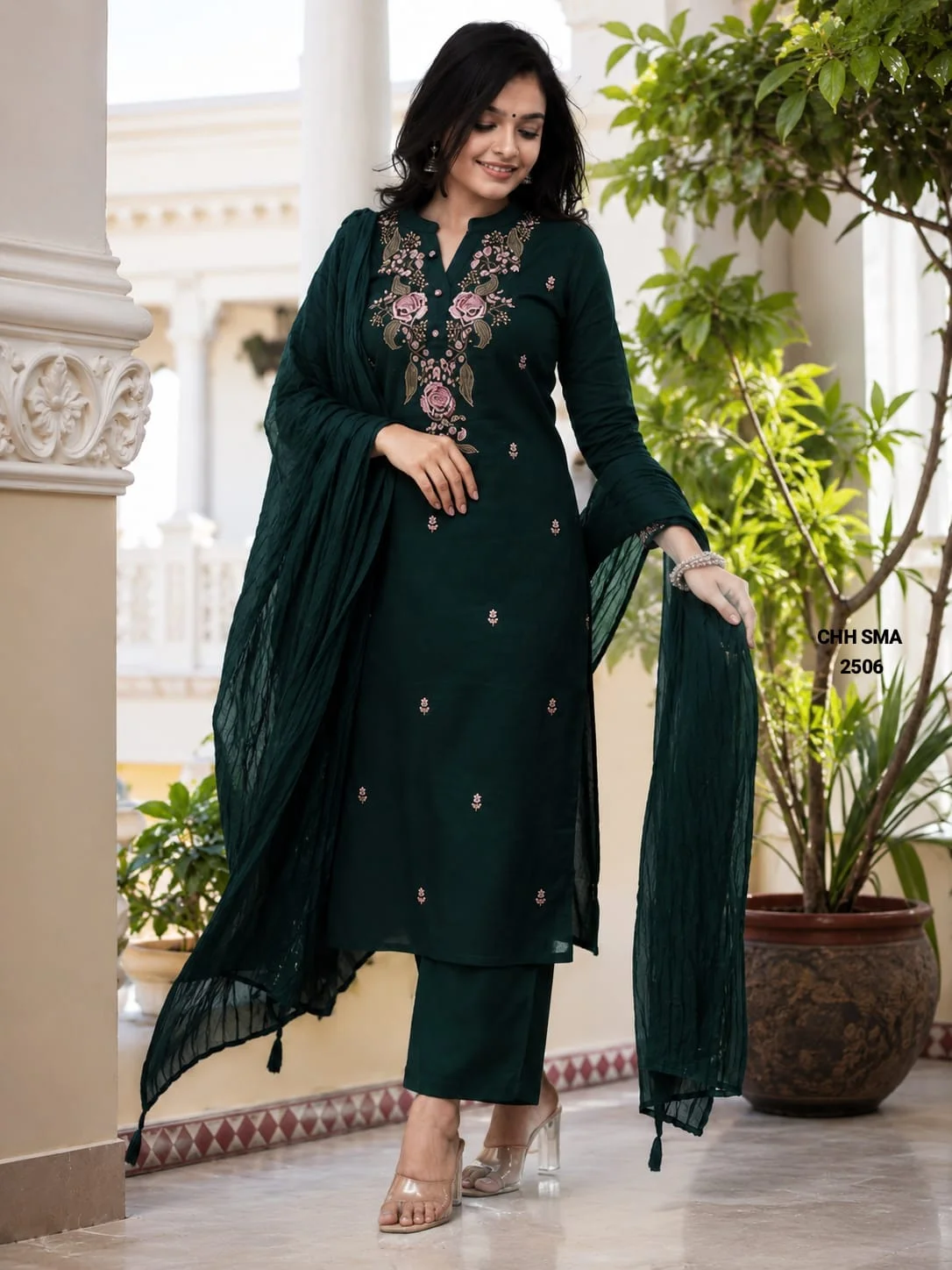 Floral Embroidered Straight Kurta, Pant, and Dupatta Set.